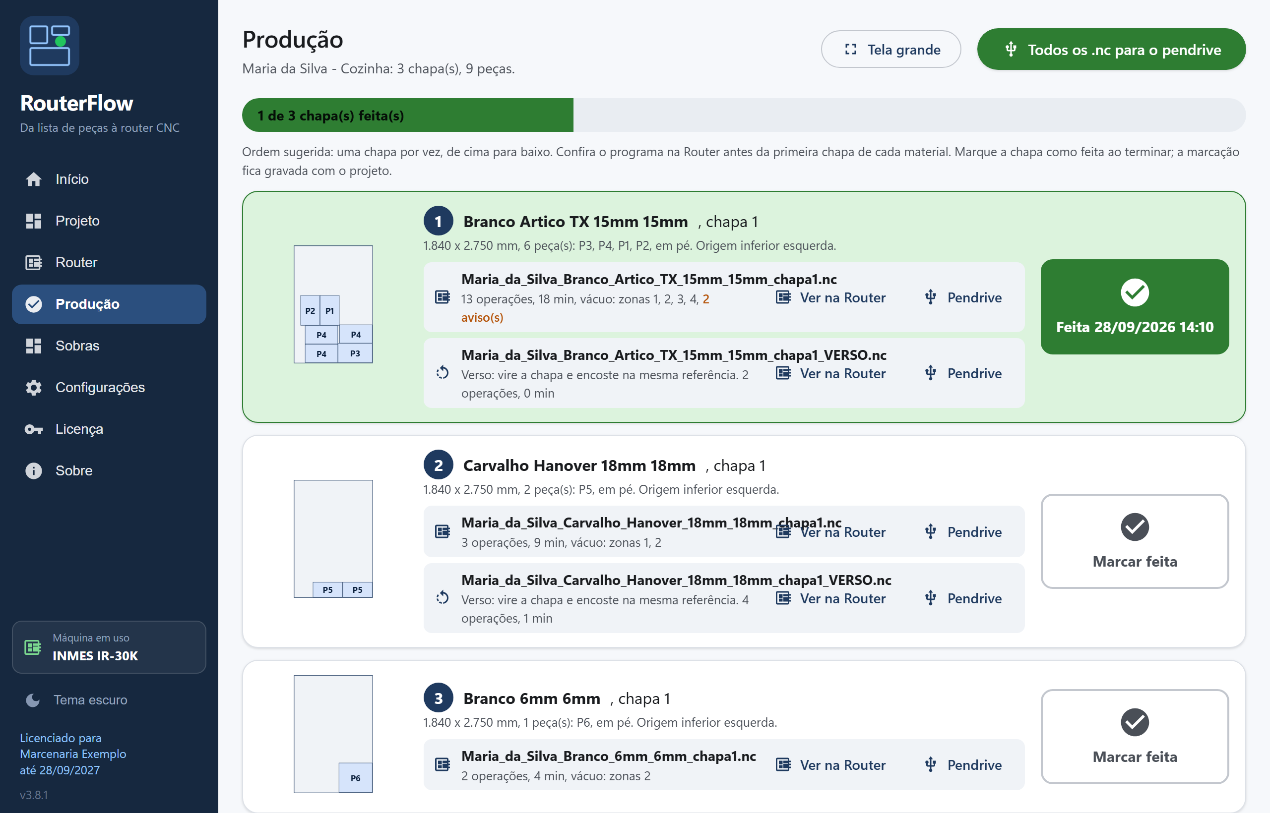 Tela Produção do RouterFlow: chapas na ordem de corte com o programa de cada uma, botão do pendrive e marcação de feita