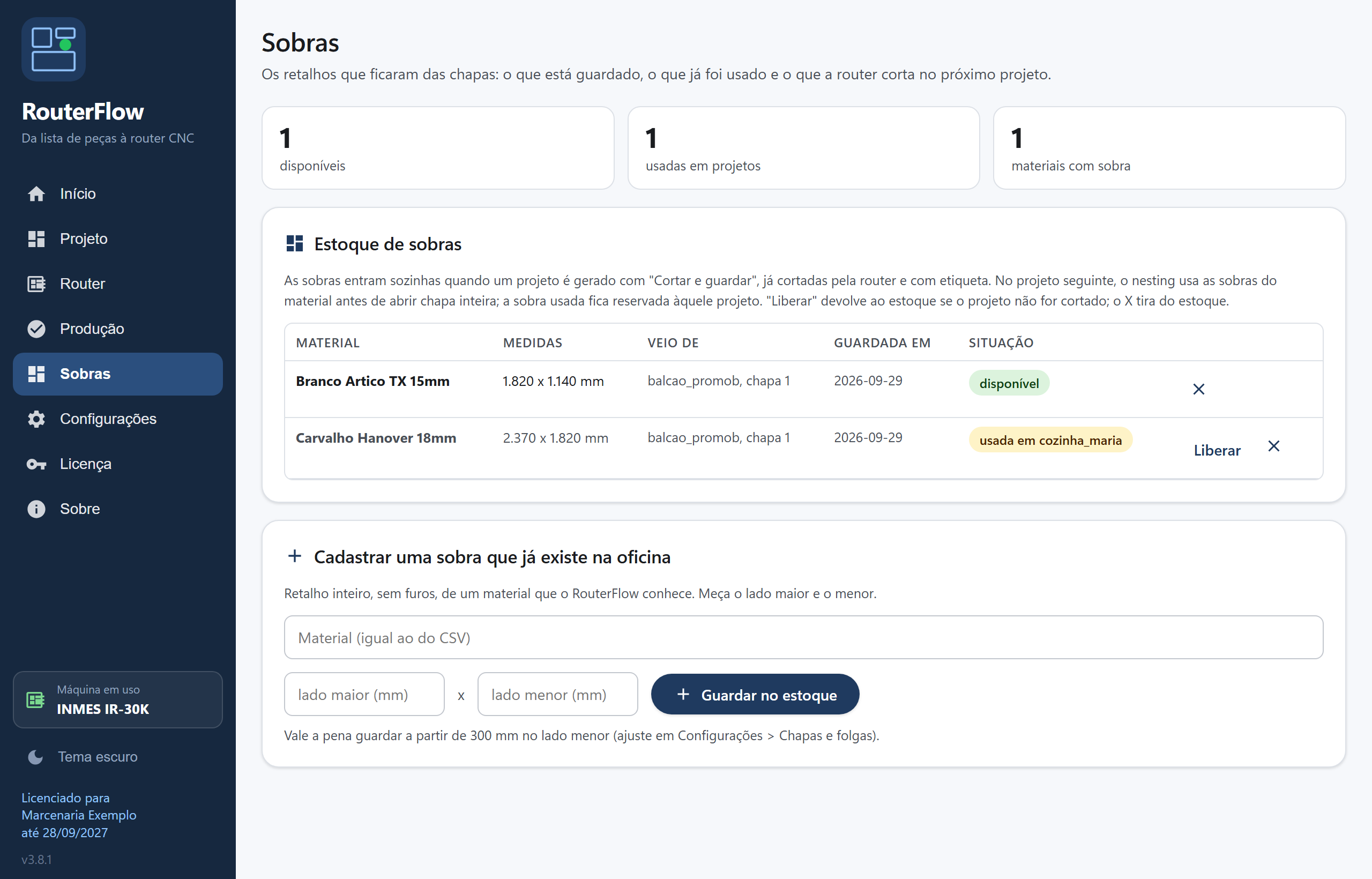 Tela Sobras do RouterFlow: estoque de retalhos por material com medidas, situação e origem