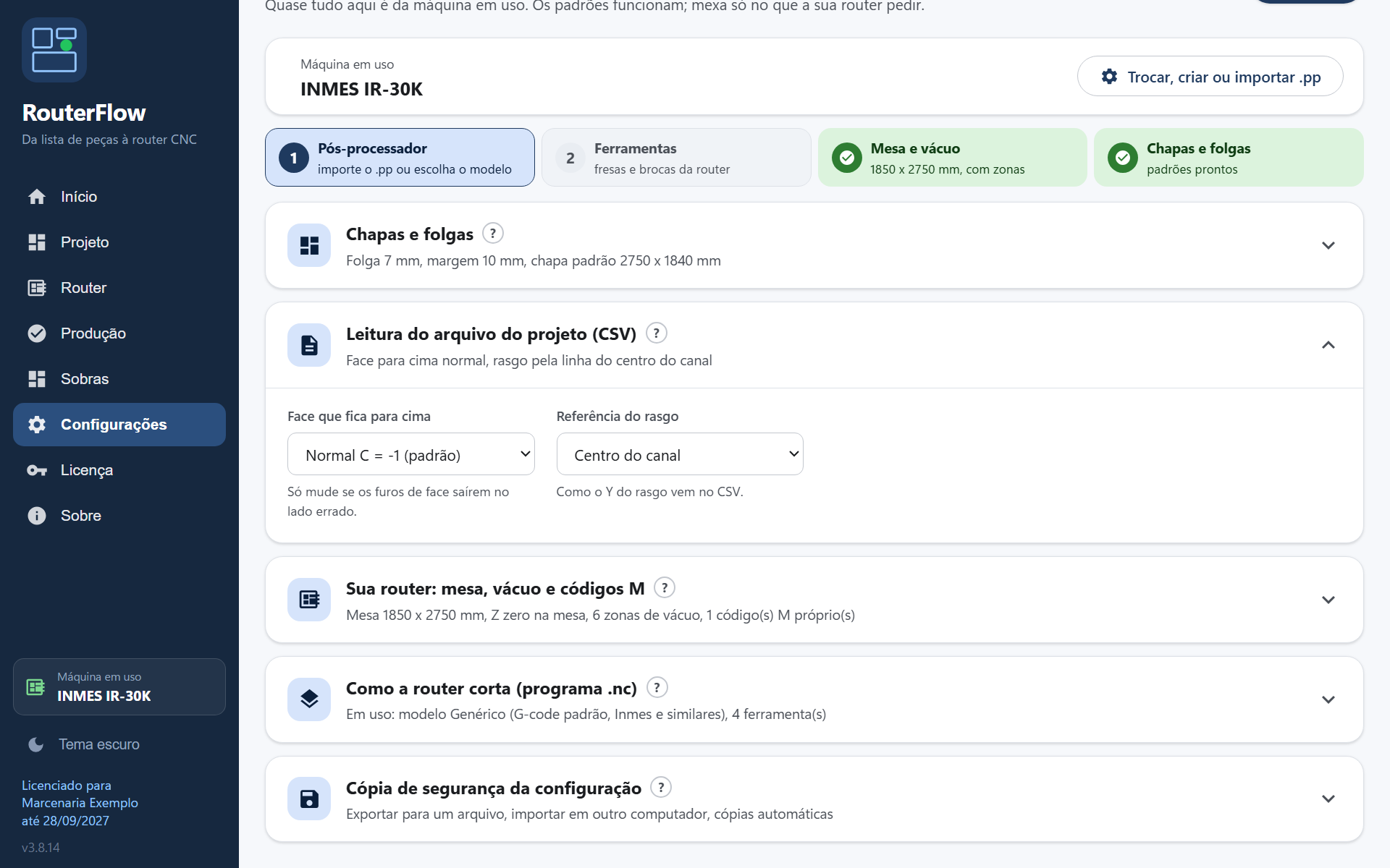 Tópico Leitura do CSV: face para cima e referência do rasgo
