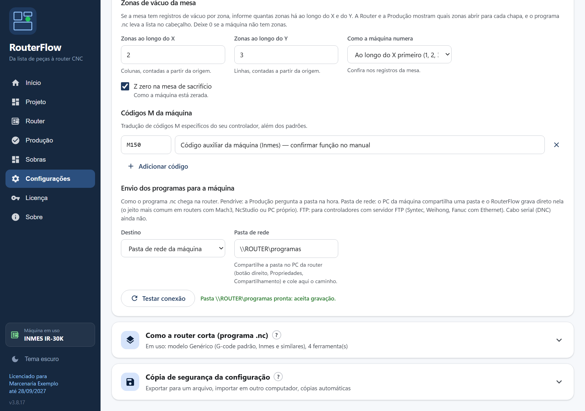 Envio dos programas: destino, pasta de rede e o botão Testar conexão