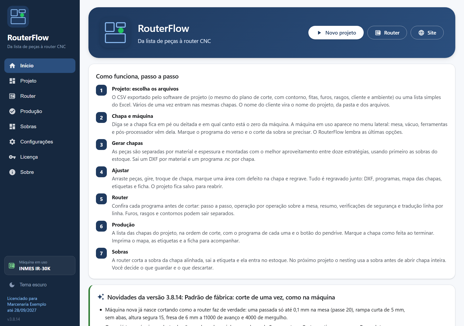 Início: botões Novo projeto, Router e Site, o passo a passo e as novidades da versão