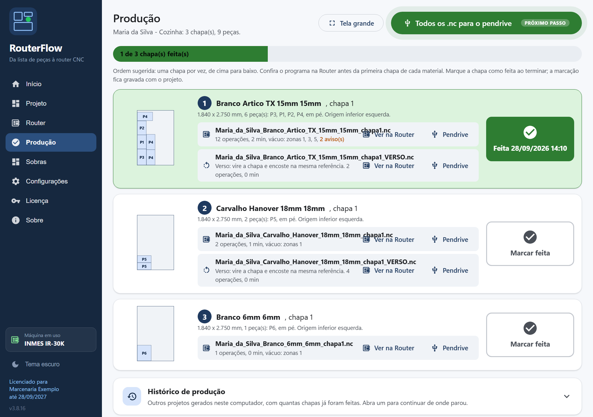Produção: barra de progresso, uma linha por chapa com miniatura, programa, Ver na Router, Pendrive e a caixa Feita