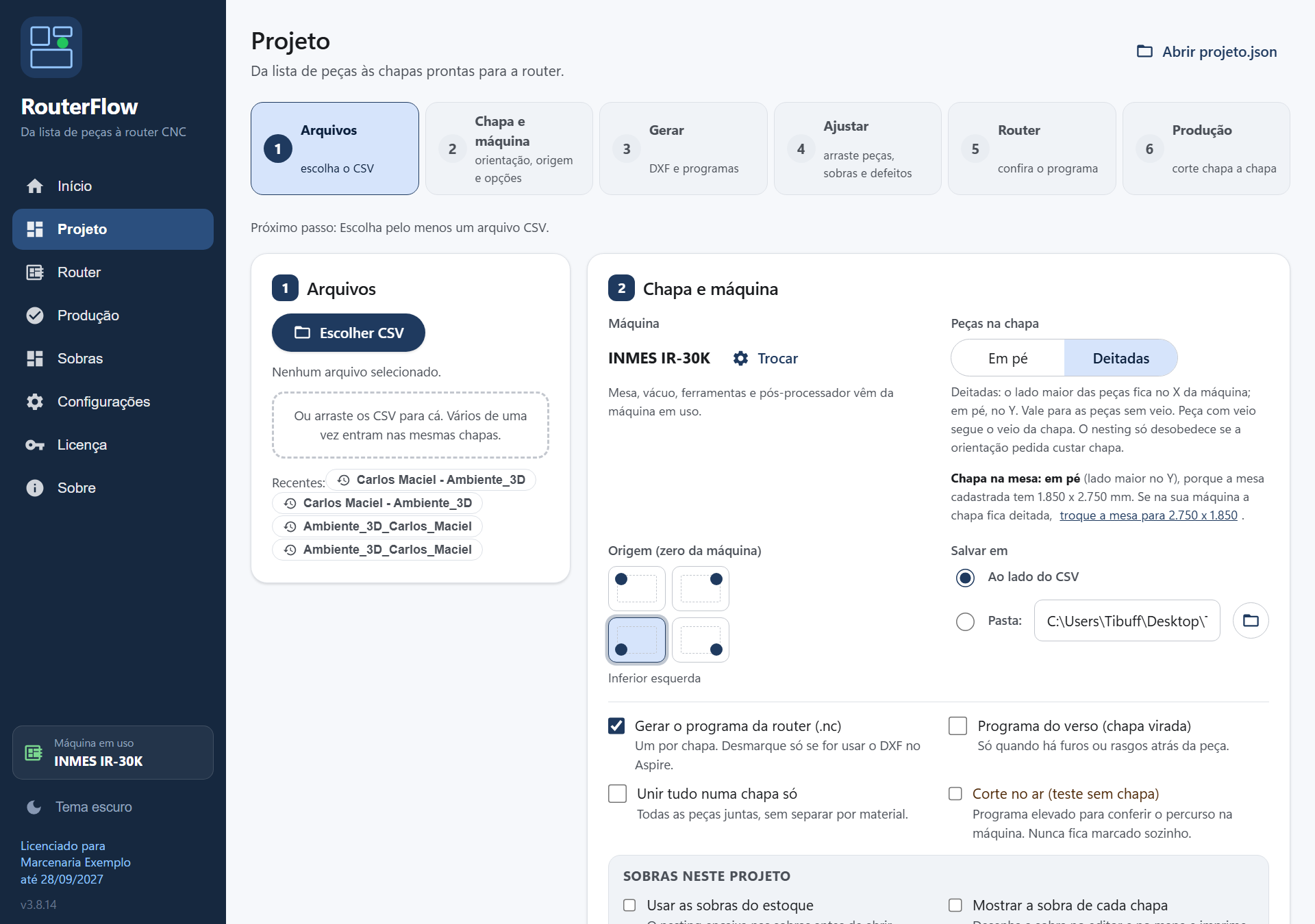 Tela Projeto vazia: linha do tempo, Escolher CSV, área de arrastar e recentes